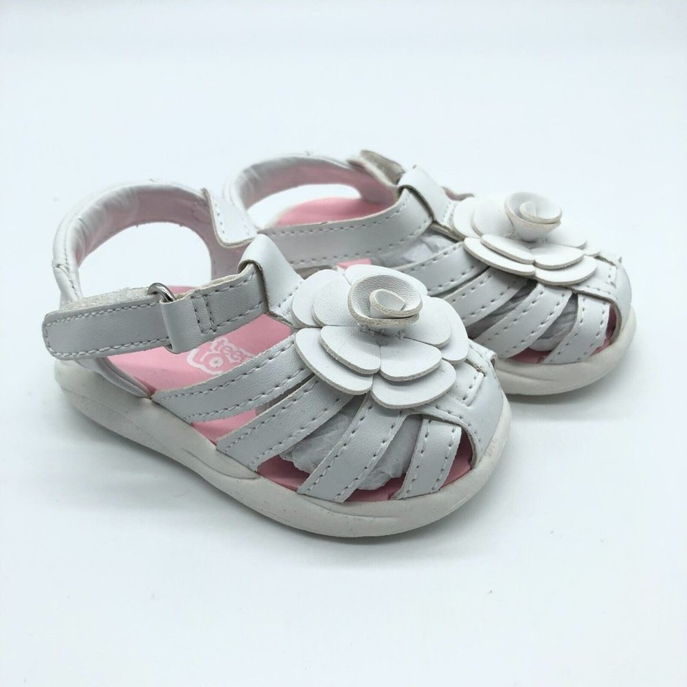 Teeny Toes Toddler Girls Sandals Strappy Faux Leather Floral Applique White 2W